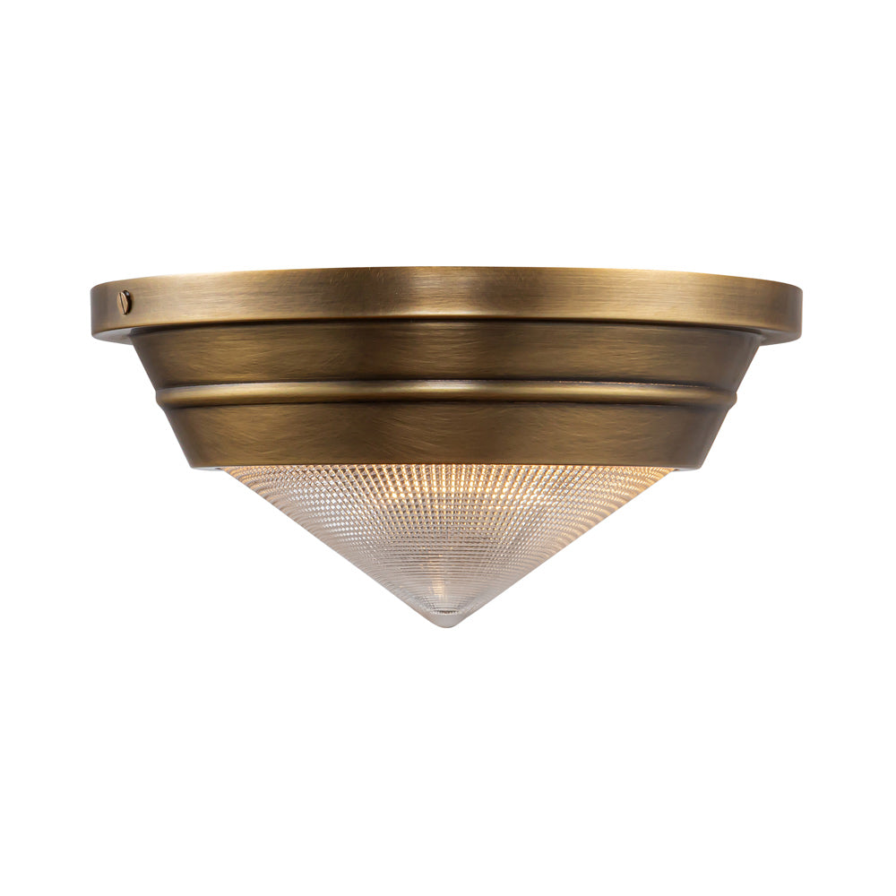 Willard Flush Mount Ceiling Light in Vintage Brass/Clear Prismatic Glass.