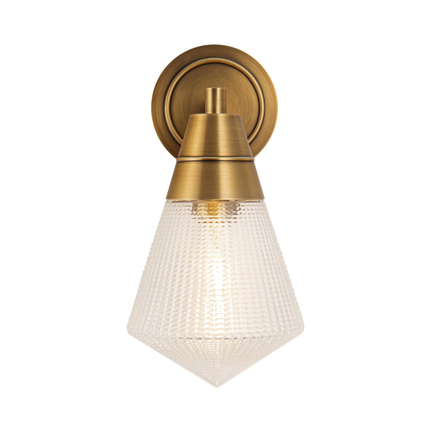 Willard Wall Light in Vintage Brass/Clear Prismatic Glass.