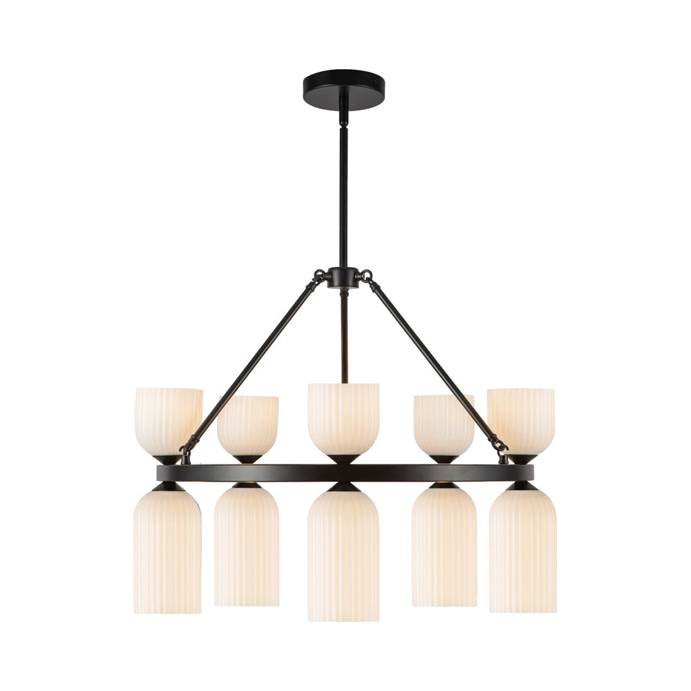 Nelly Chandelier in Matte Black/Glossy Ribbed Opal Glass.