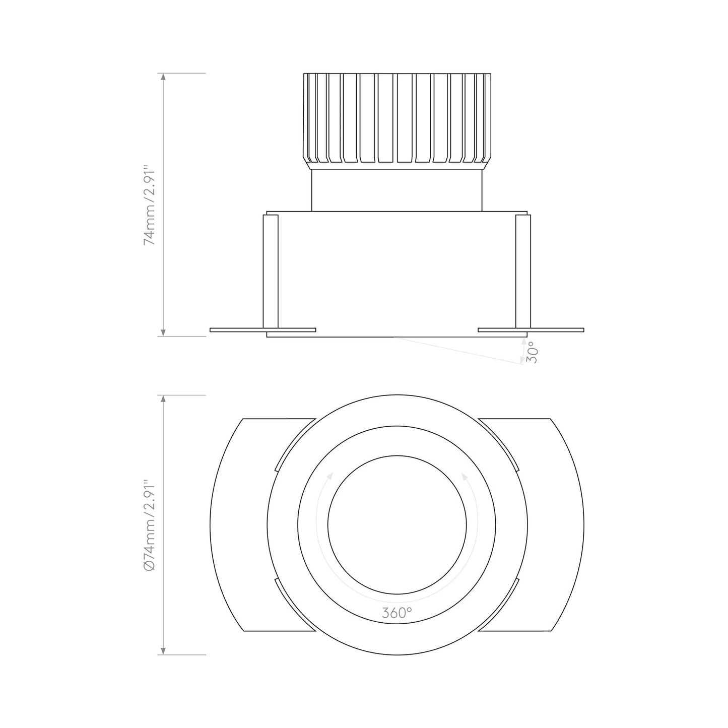 Trimless Round LED Recessed Light - line drawing.
