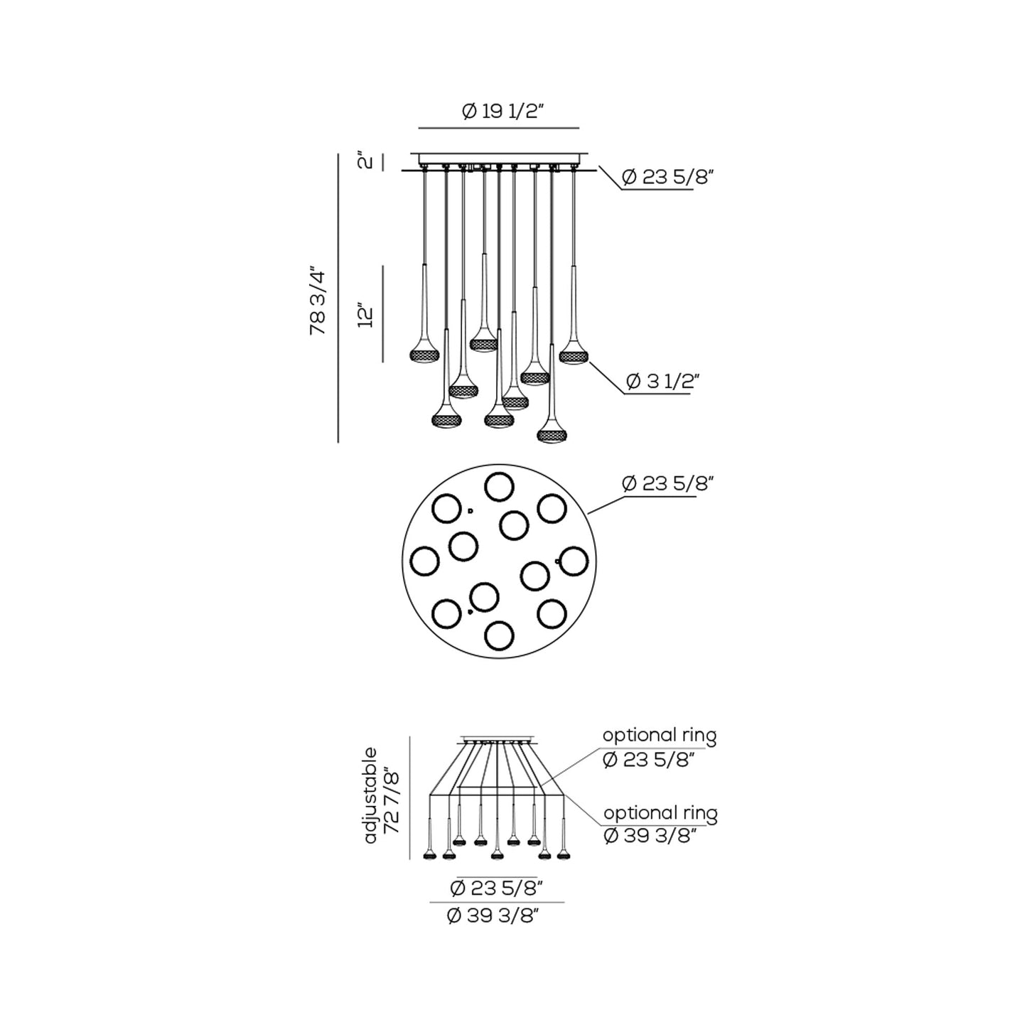 Fairy Round LED Pendant Light - line drawing.