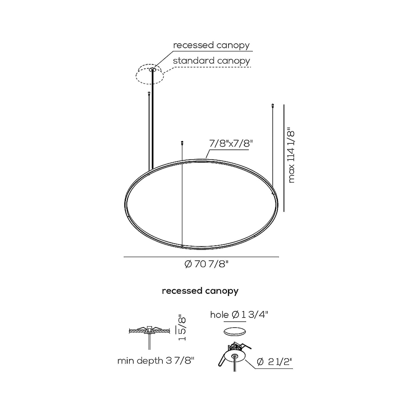 U-Light Recessed LED Pendant Light - line drawing.