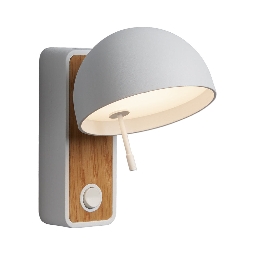 Beddy A01 LED Wall Light in White/Oak Wood.