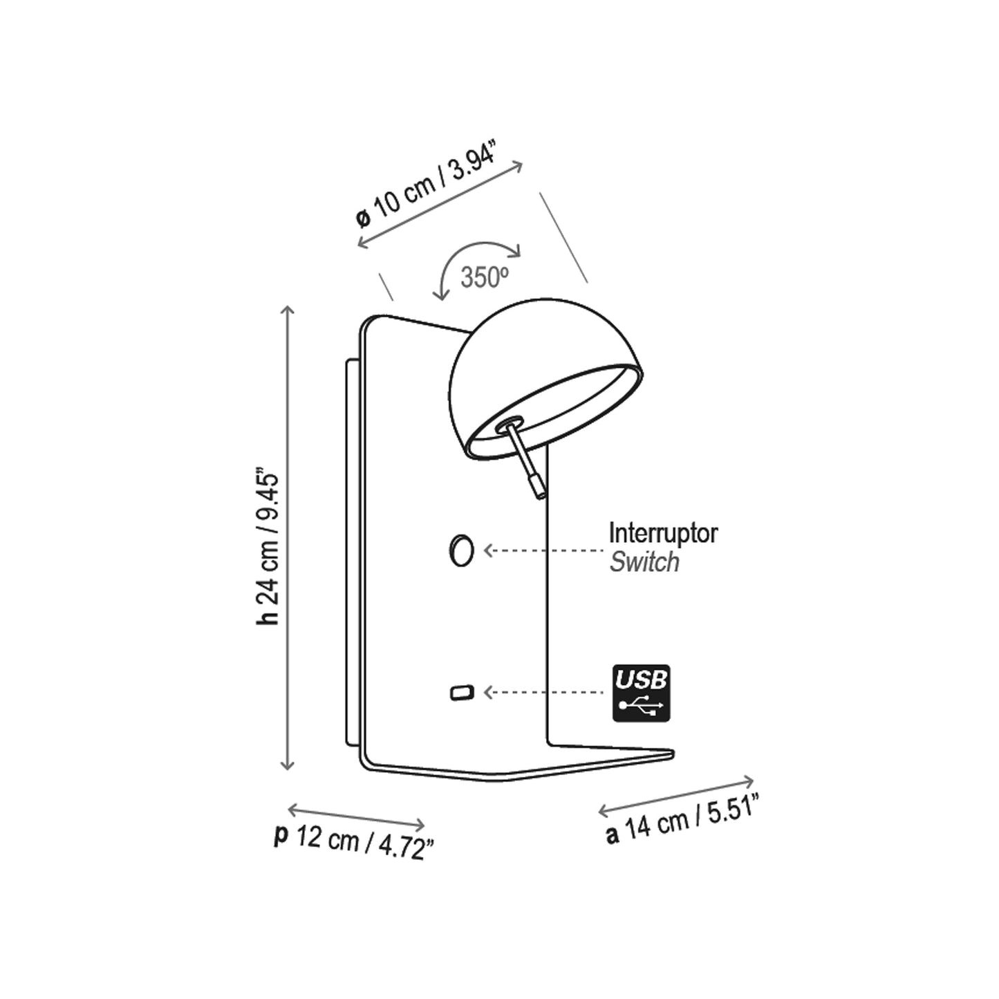 Beddy A02 LED Wall Light - line drawing.