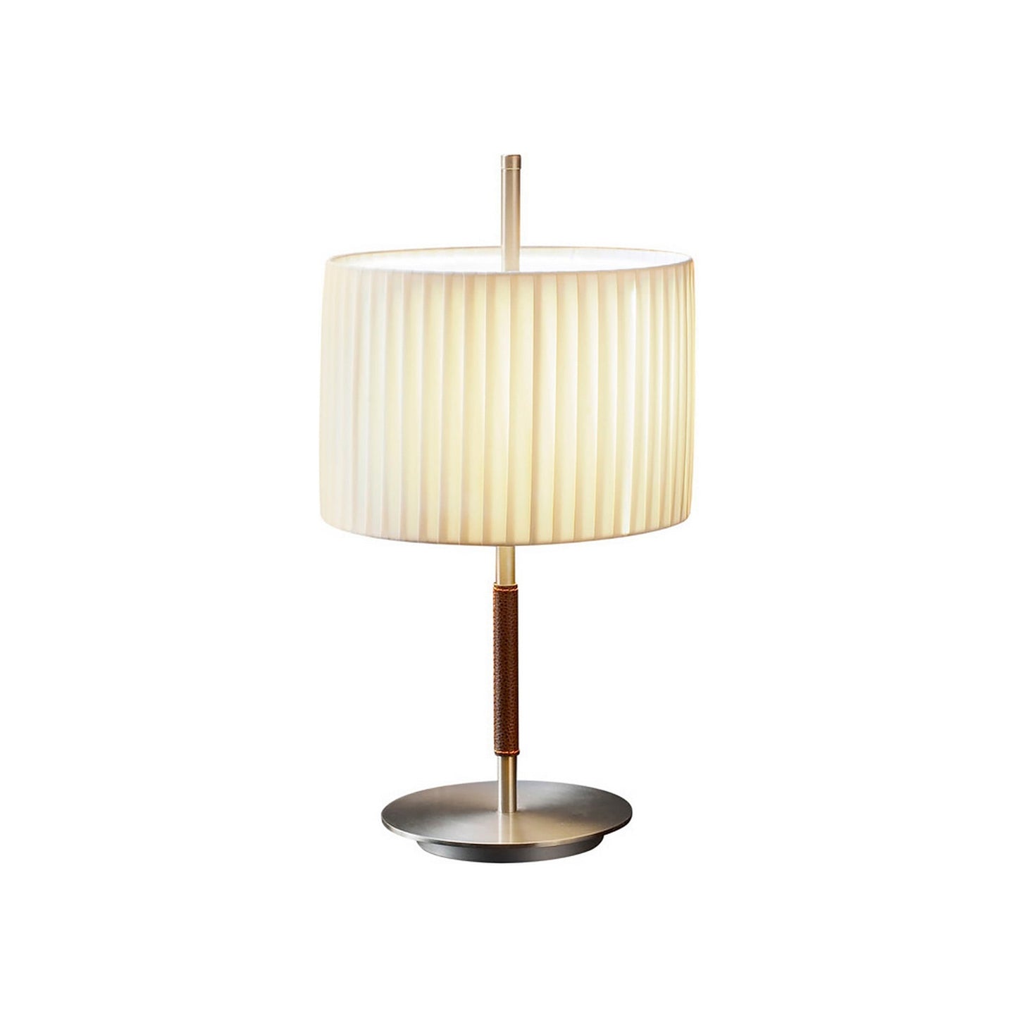 Danona Table Lamp in Satin Nickel/Dark Leather/Cream Translucent (Small).