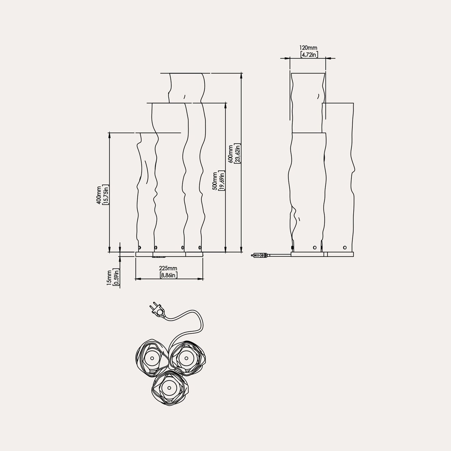 Baggy LED Trio Table Lamp - line drawing.