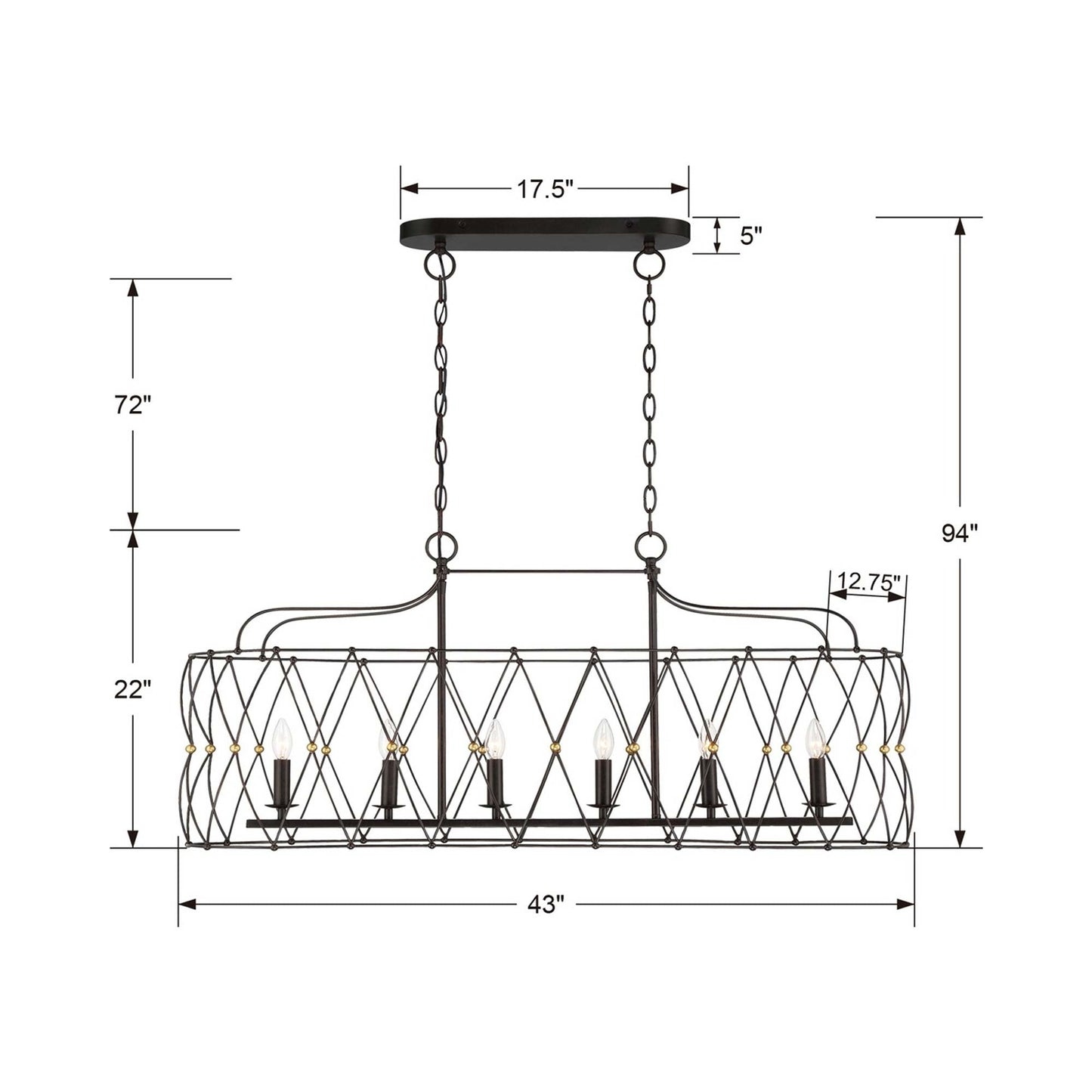 Zucca Linear Chandelier - line drawing.