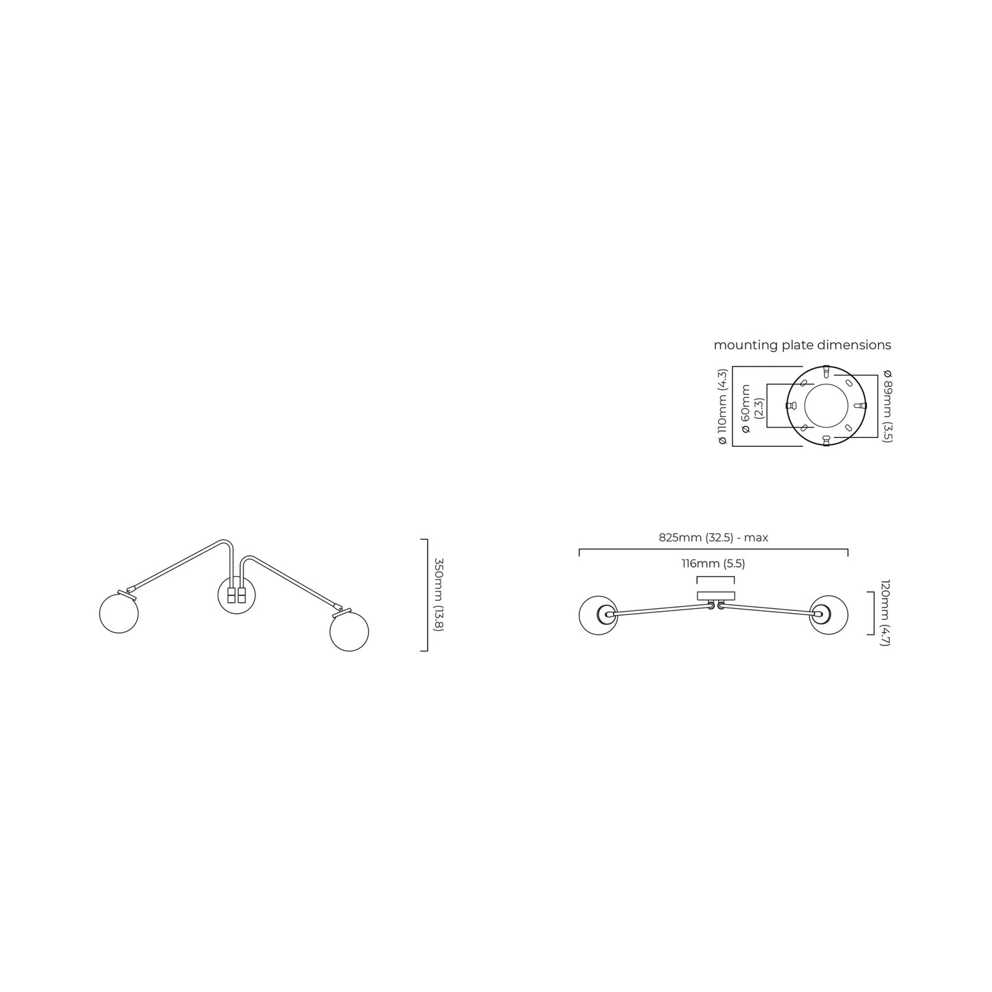 Array Twin Opal Wall Light - line drawing.