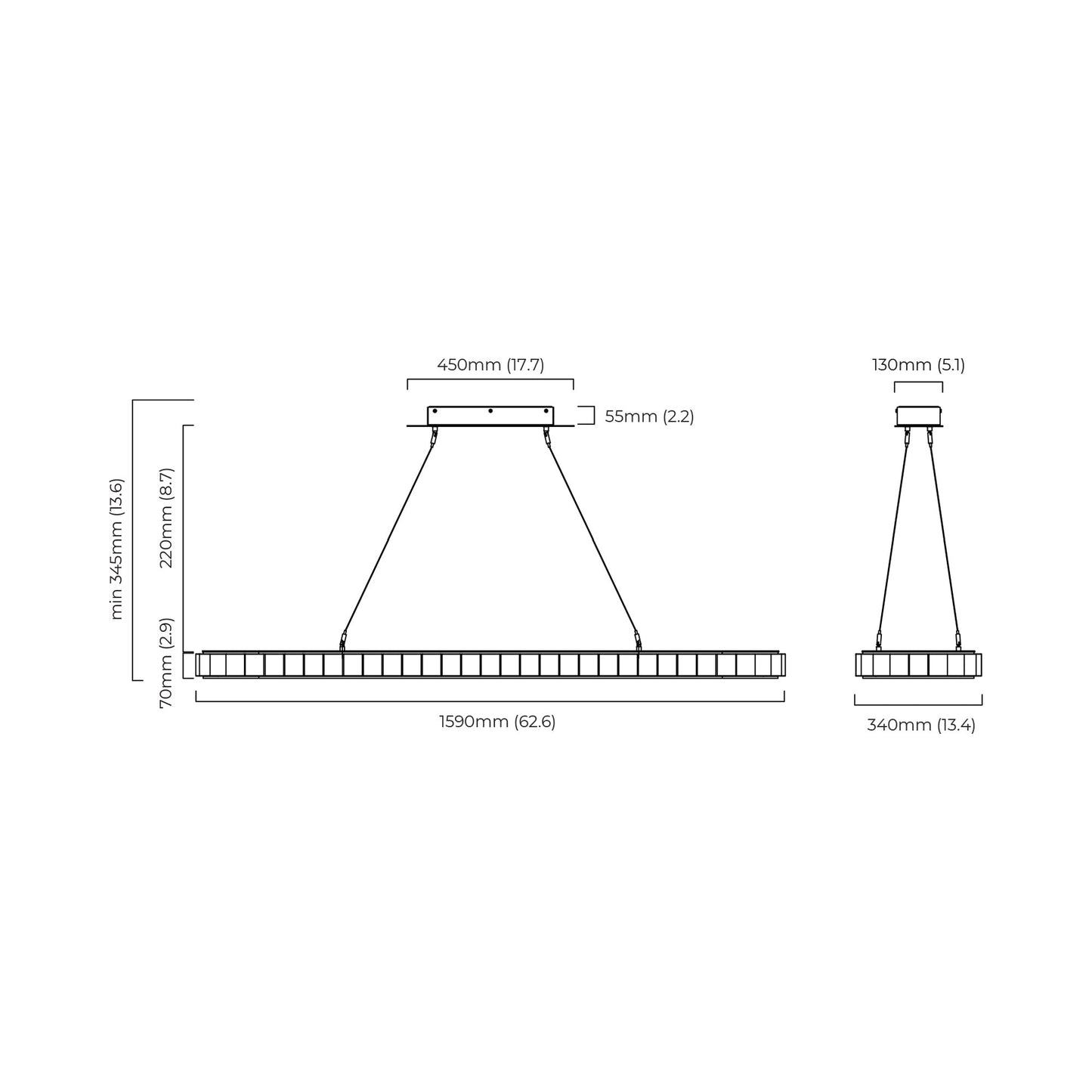 Avalon Oval LED Chandelier - line drawing.
