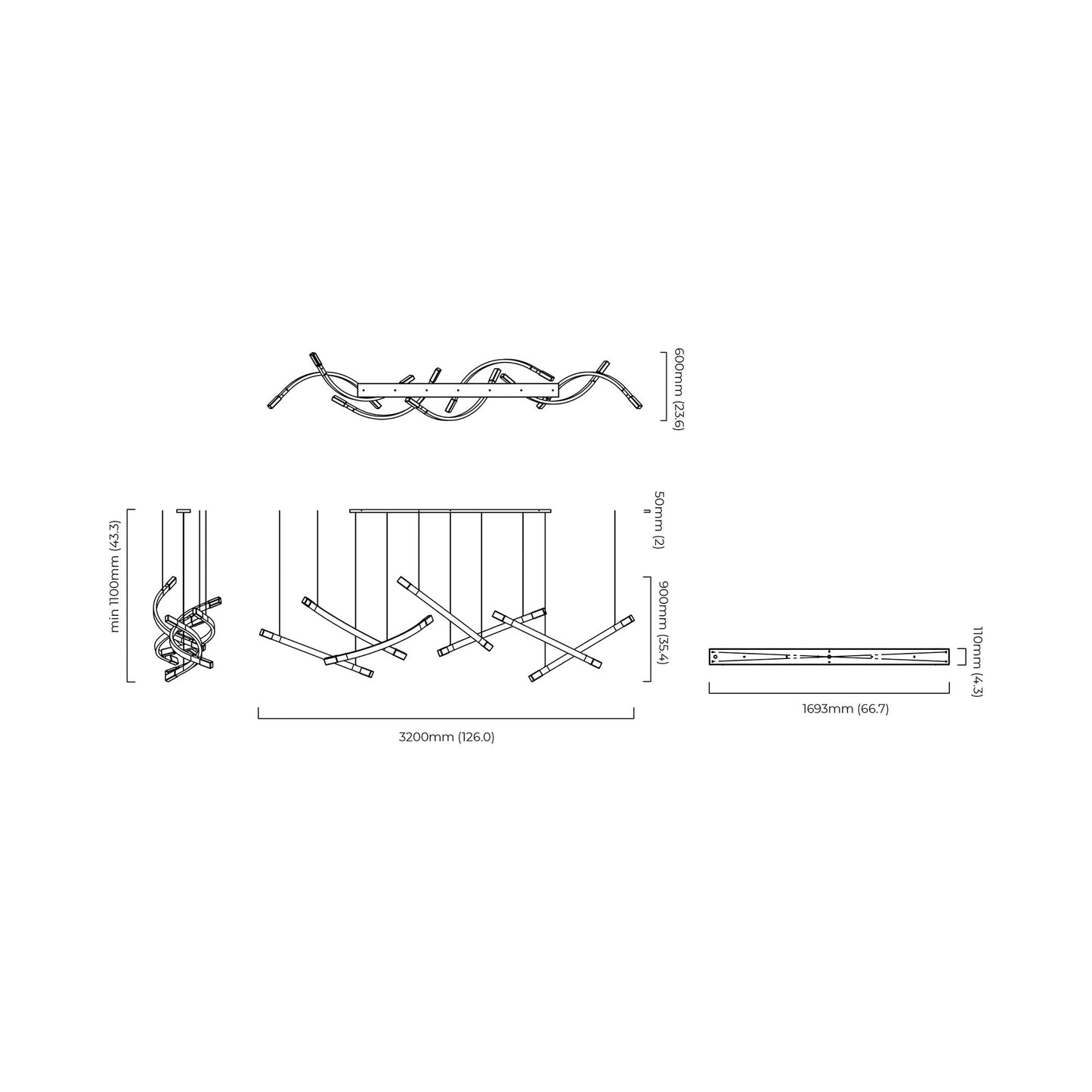 Trace Linear LED Pendant Light - line drawing.