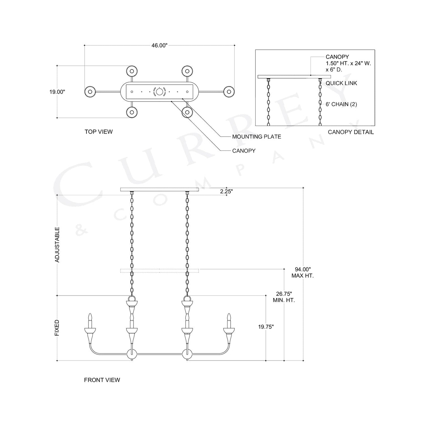 Aurelia Rectangular Chandelier - line drawing.