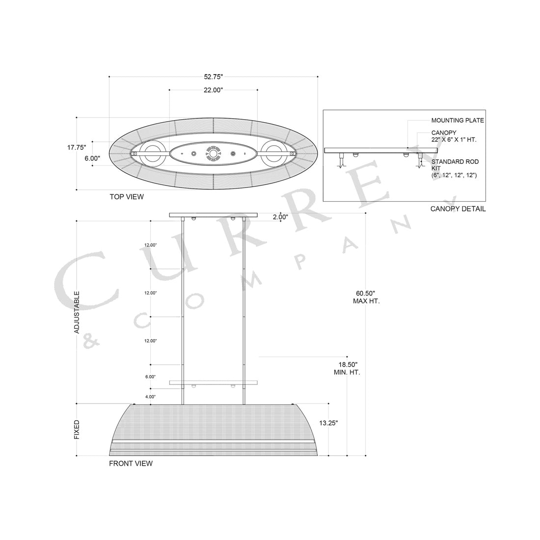 Barbary Oval Outdoor Chandelier - line drawing.
