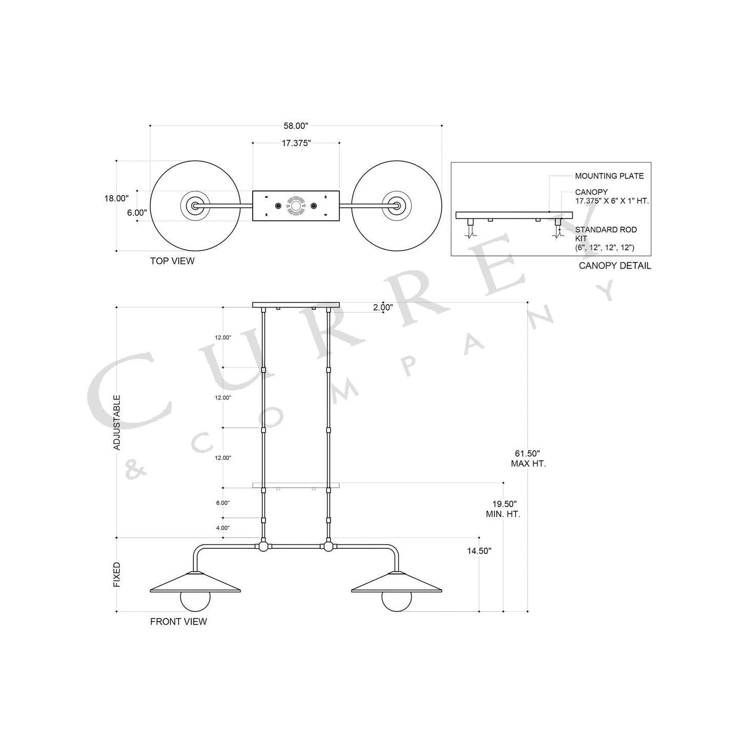 Bothy Double Outdoor Pendant Light - line drawing.