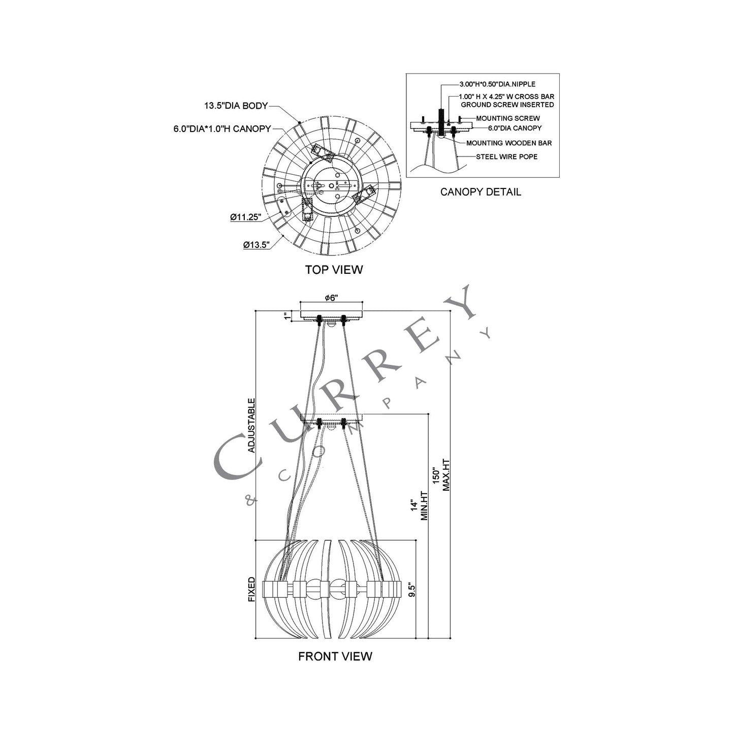 Coquette Small Brass Chandelier - line drawing.