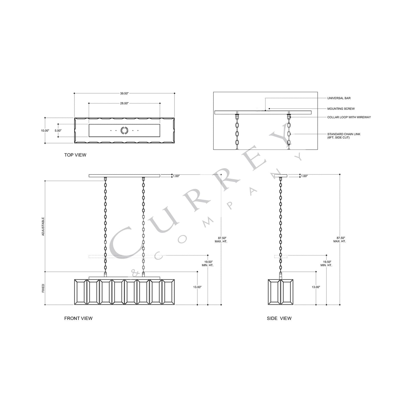 Daze Rectangular Chandelier - line drawing.
