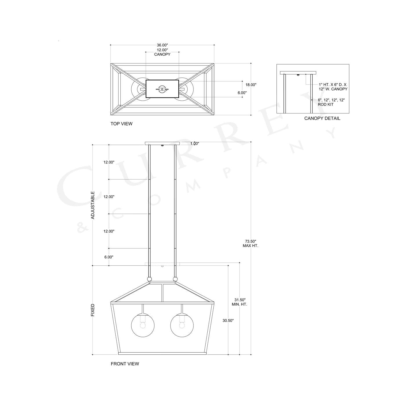 Denison Rectangular Outdoor Pendant Light - line drawing.