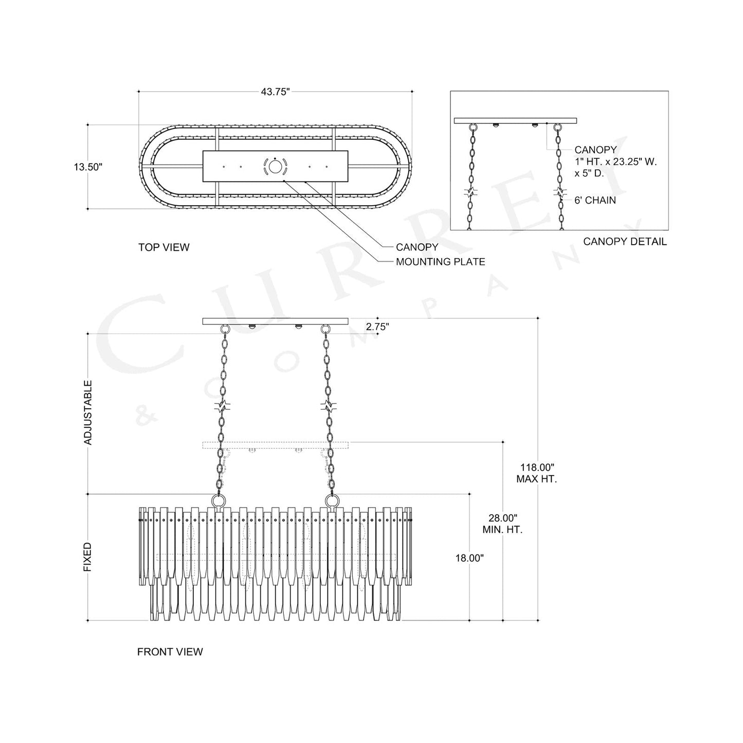 Electra Oval Chandelier - line drawing.