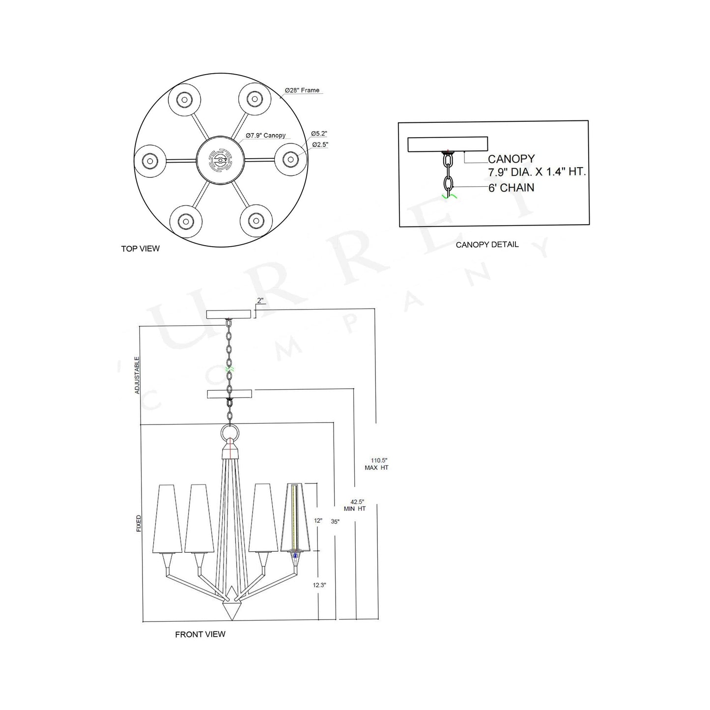 Hennin LED Chandelier - line drawing.
