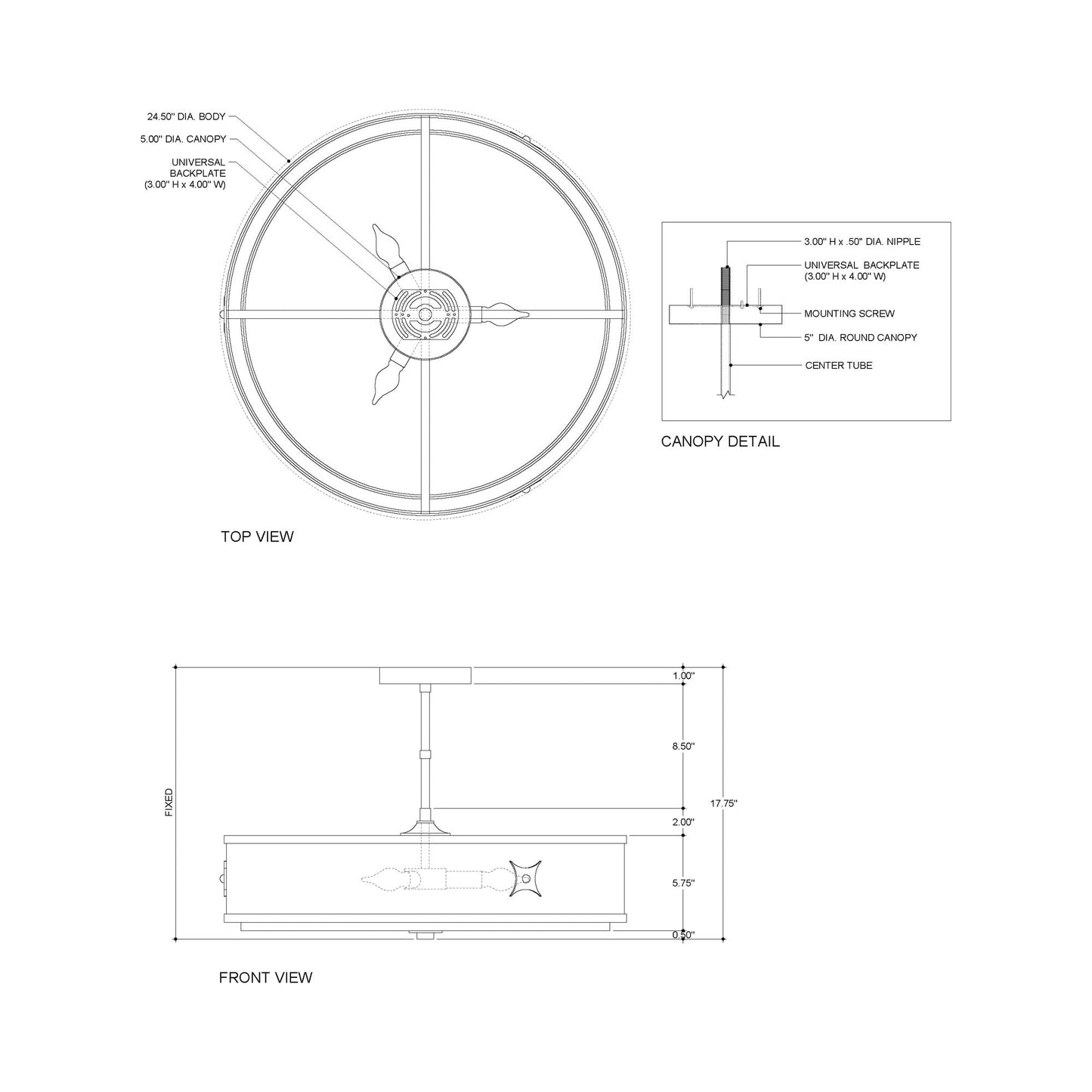 Huntsman Semi Flush Mount Ceiling Light - line drawing.