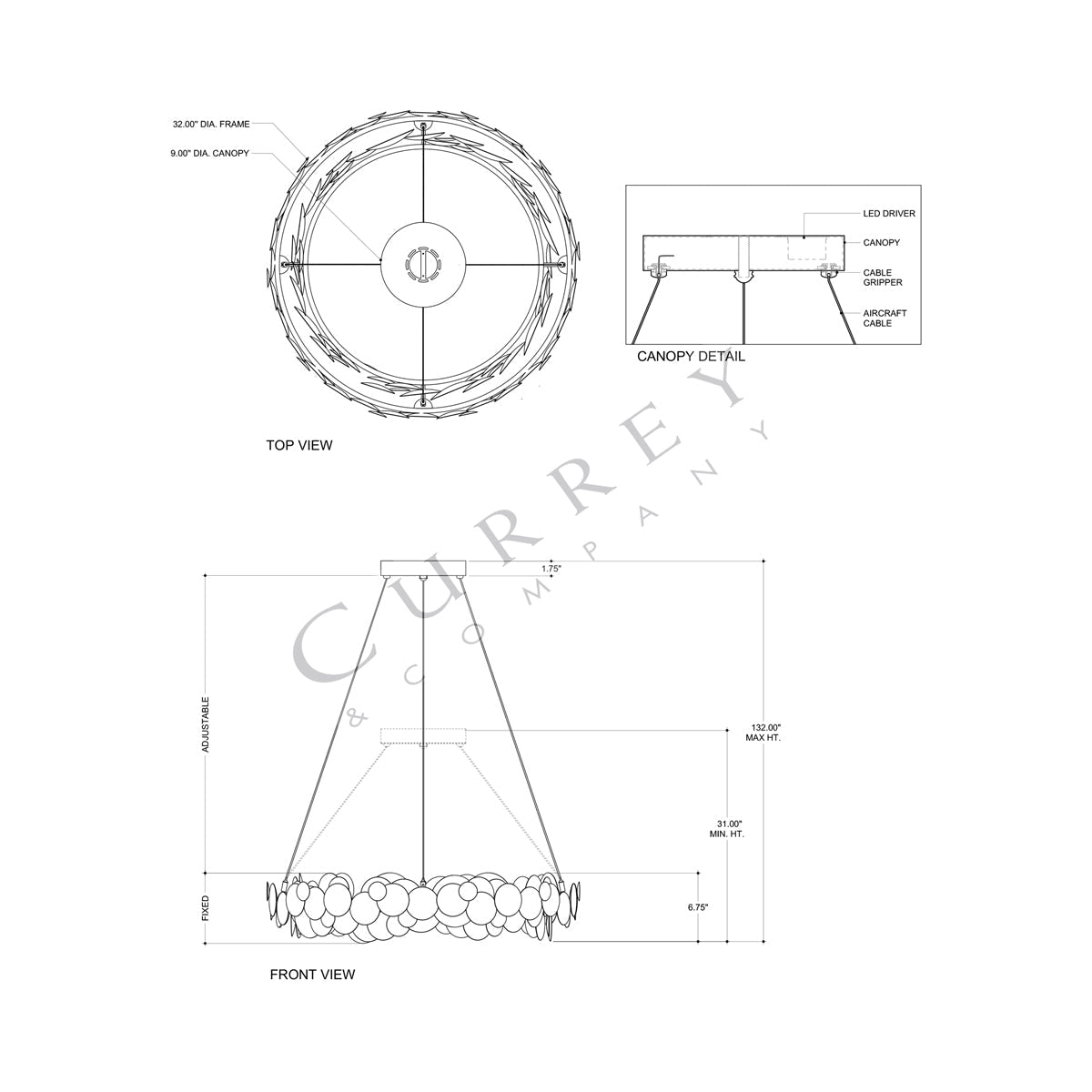 Lavengro LED Chandelier - line drawing.