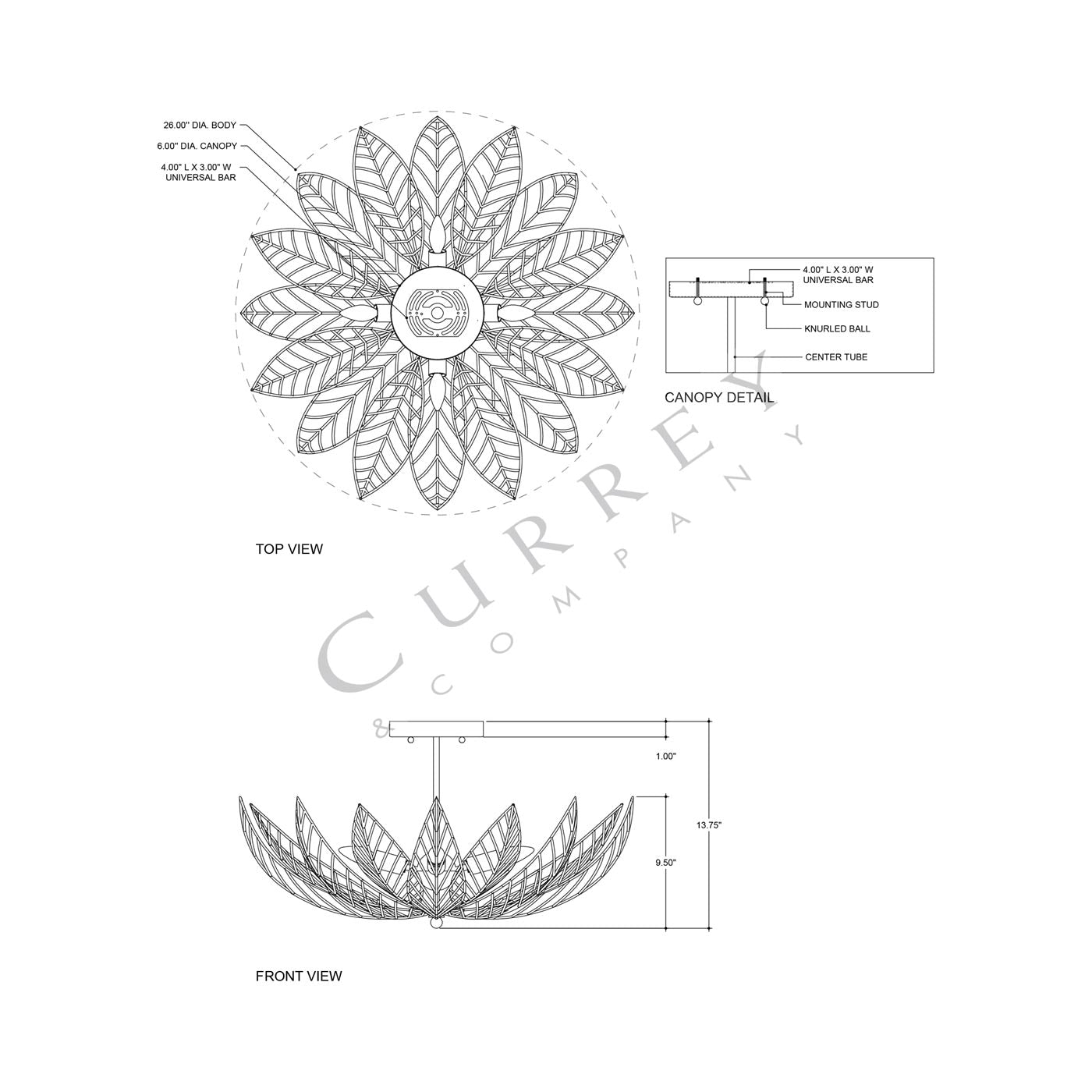 Leaflace Semi Flush Mount Ceiling Light - line drawing.