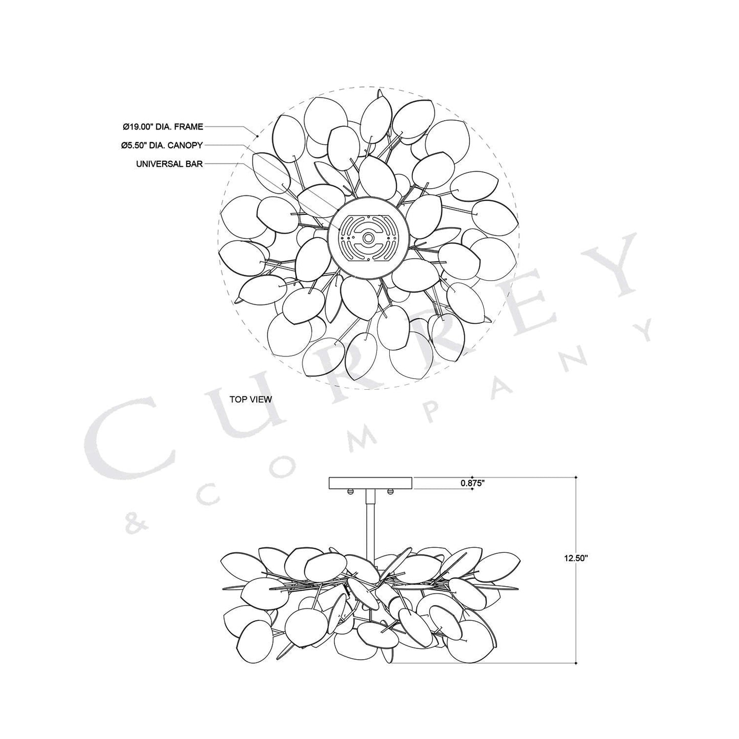 Lunaria Semi Flush Mount Ceiling Light - line drawing.