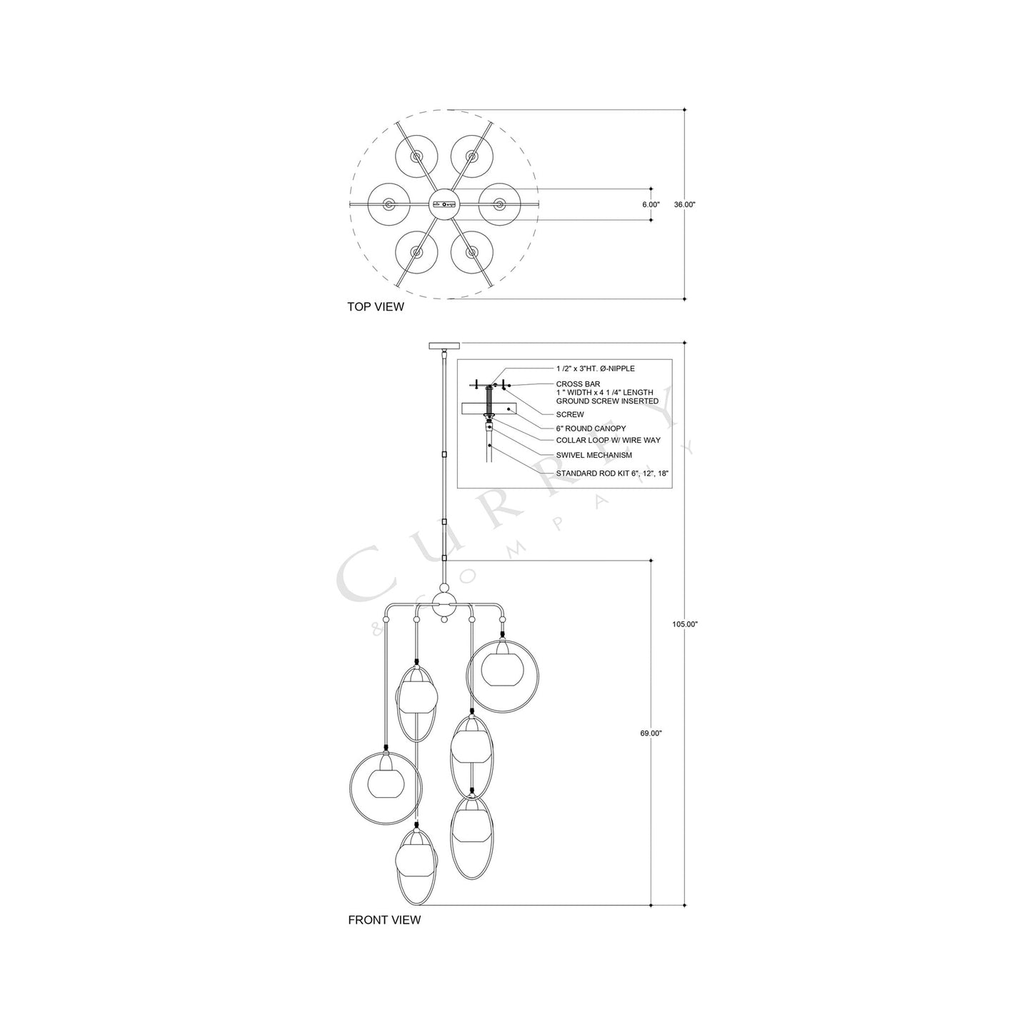 Moorsgate Multi Pendant Light - line drawing.