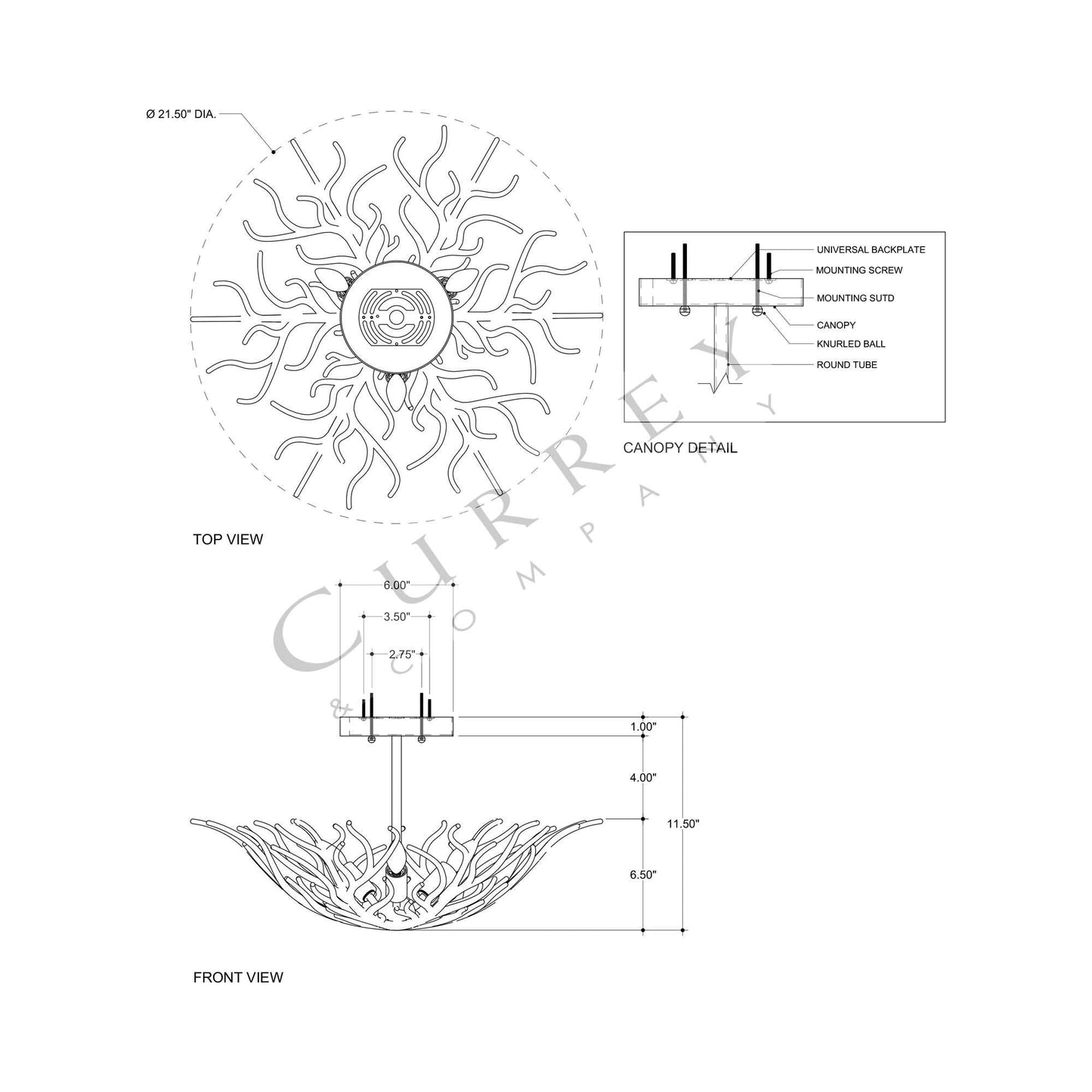 Snowfall Semi-Flush Mount Ceiling Light - line drawing.
