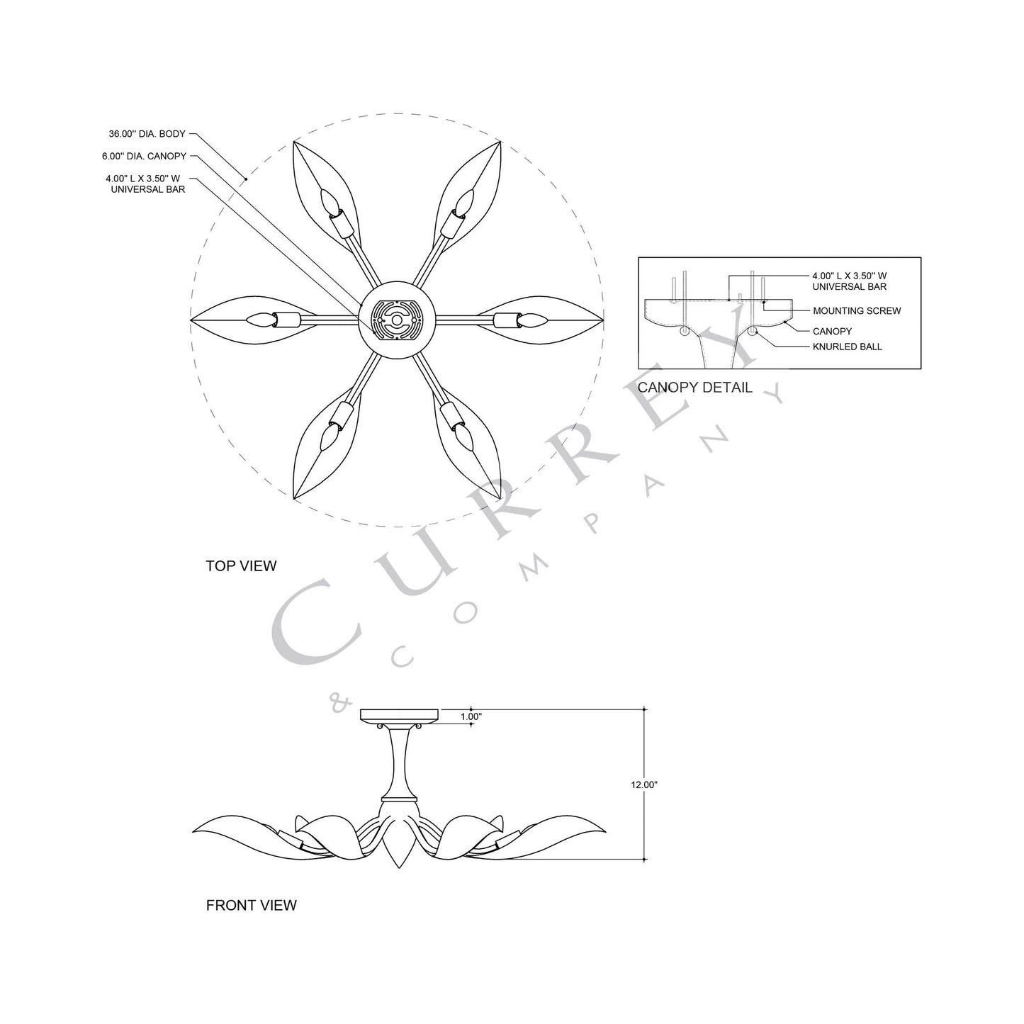 Snowflower Semi Flush Mount Ceiling Light - line drawing.