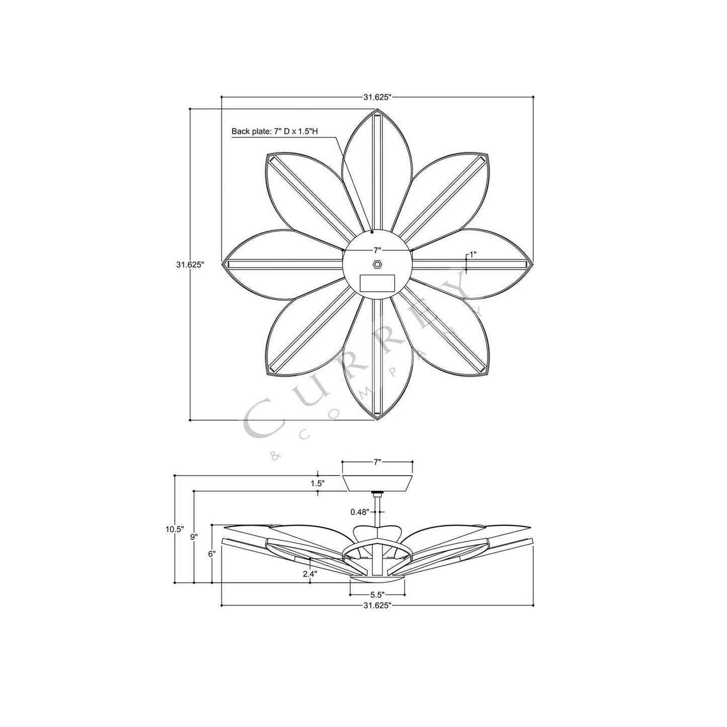 Stewart LED Semi Flush Mount Ceiling Light - line drawing.