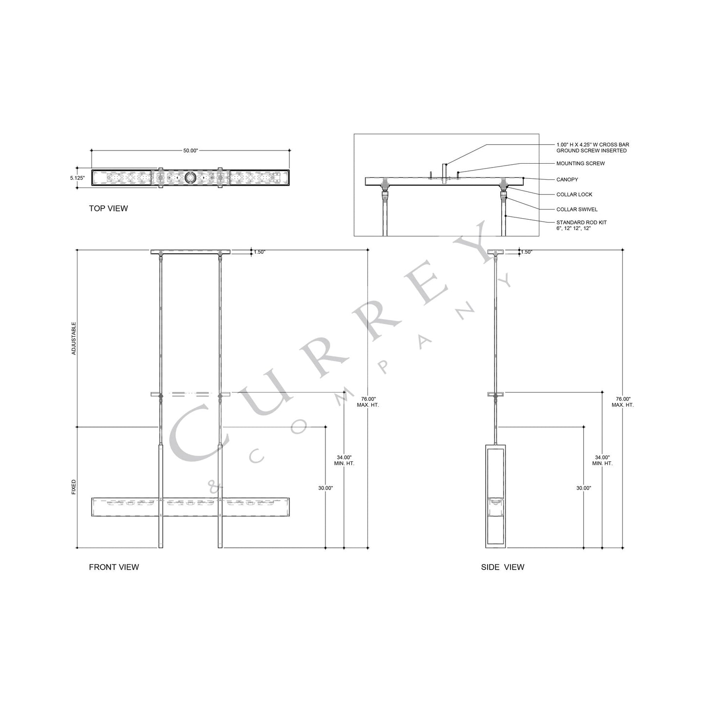 Tonbridge LED Linear Chandelier - line drawing.