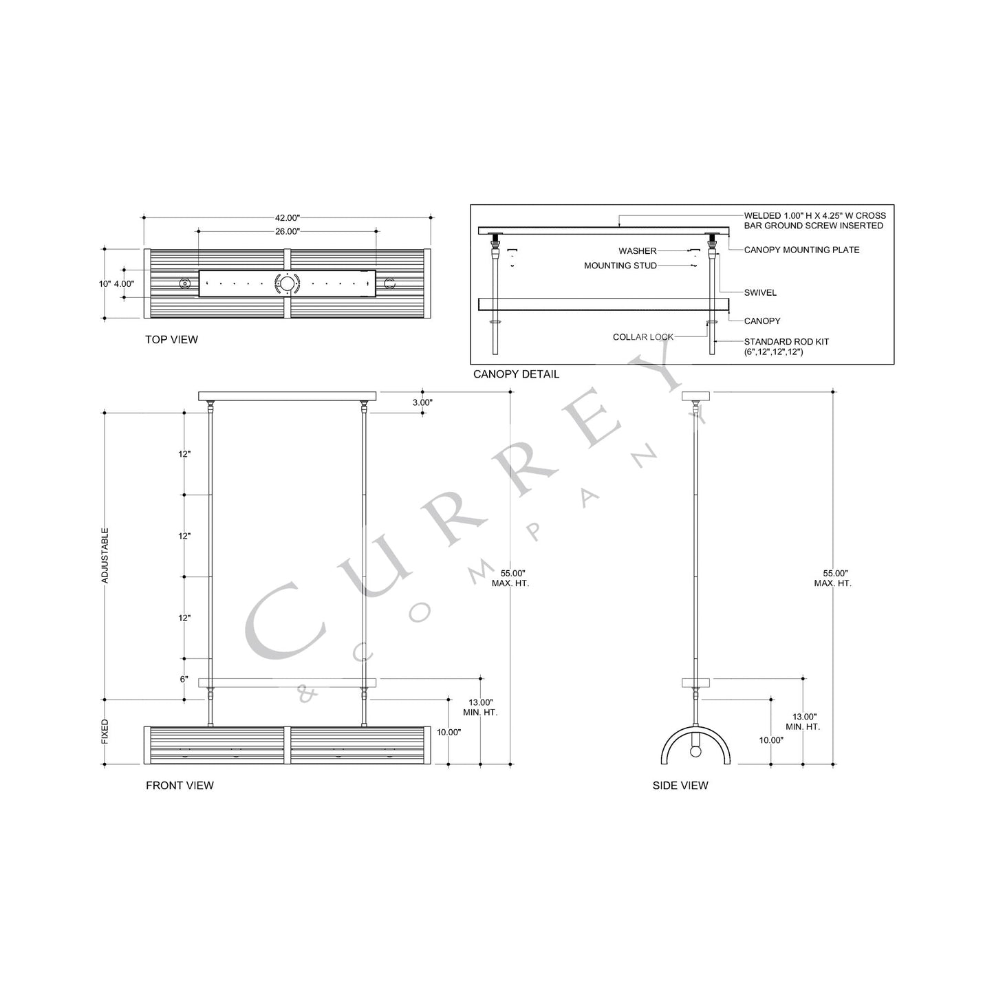 Woodbine Linear Chandelier - line drawing.