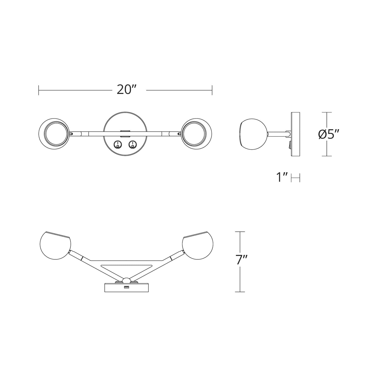 Duplex LED Bed Task Light in Detail - line drawing.