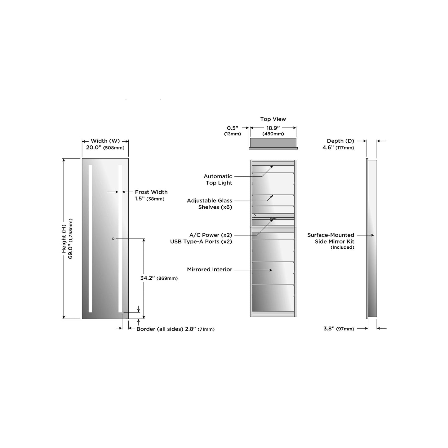 Ascension LED Wardrobe Mirror - line drawing.