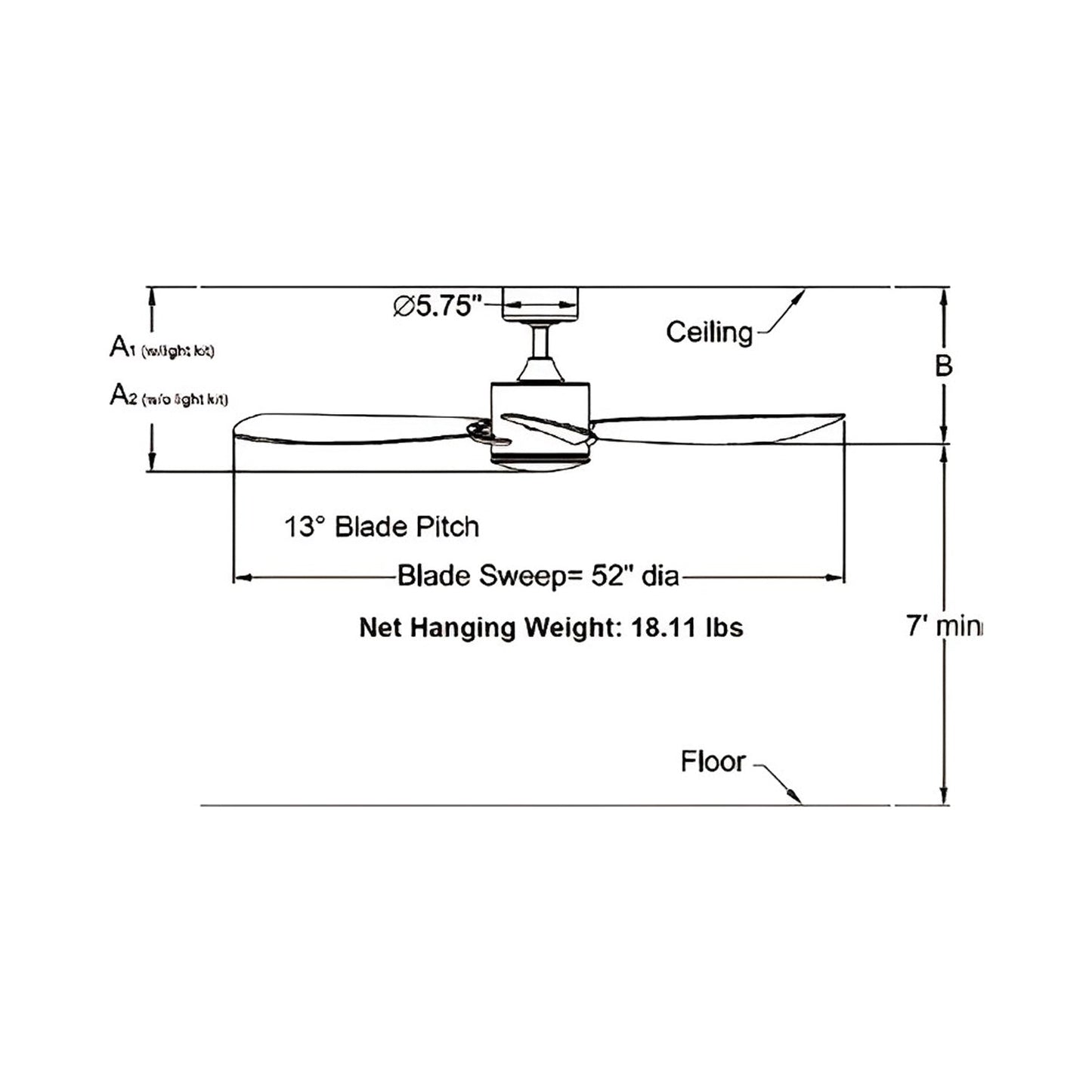 SculptAire Outdoor LED Ceiling Fan - line drawing.