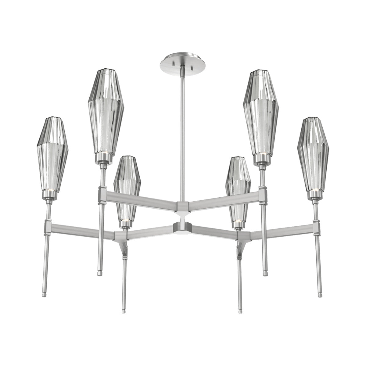 Aalto Round Belvedere LED Chandelier in Satin Nickel/Smoke Blown Glass.