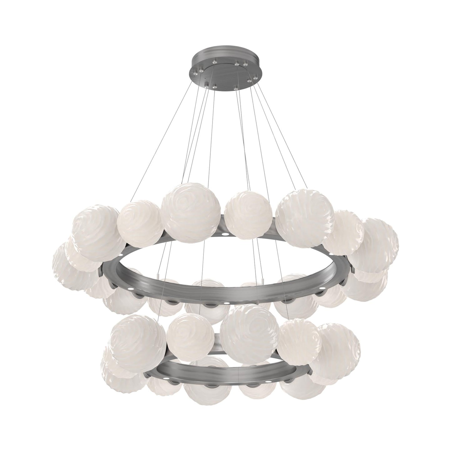 Gaia Two-Tier Radial Ring LED Chandelier in Satin Nickel/White Blown Glass.