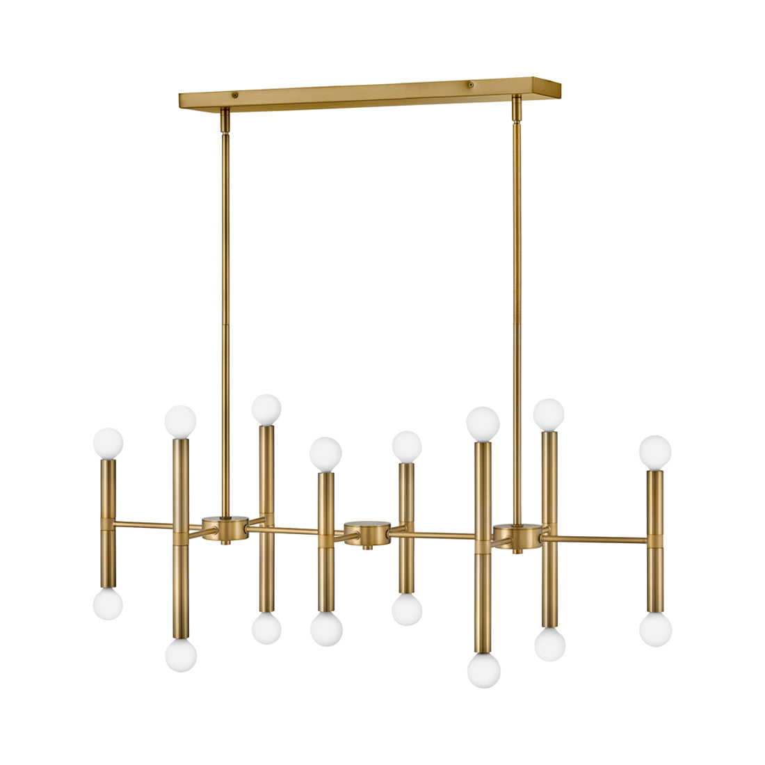 Millie Linear Chandelier in Lacquered Brass.