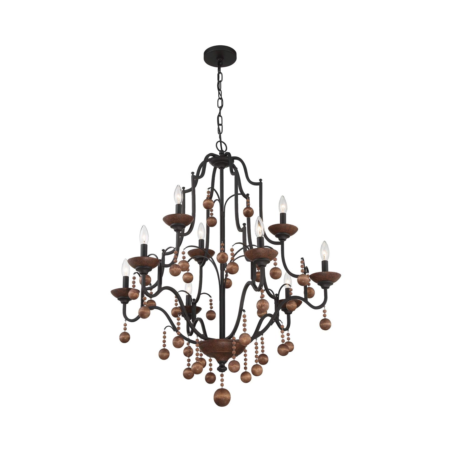 Colonial Charm Chandelier in Old World Bronze with Walnut (9-Light).