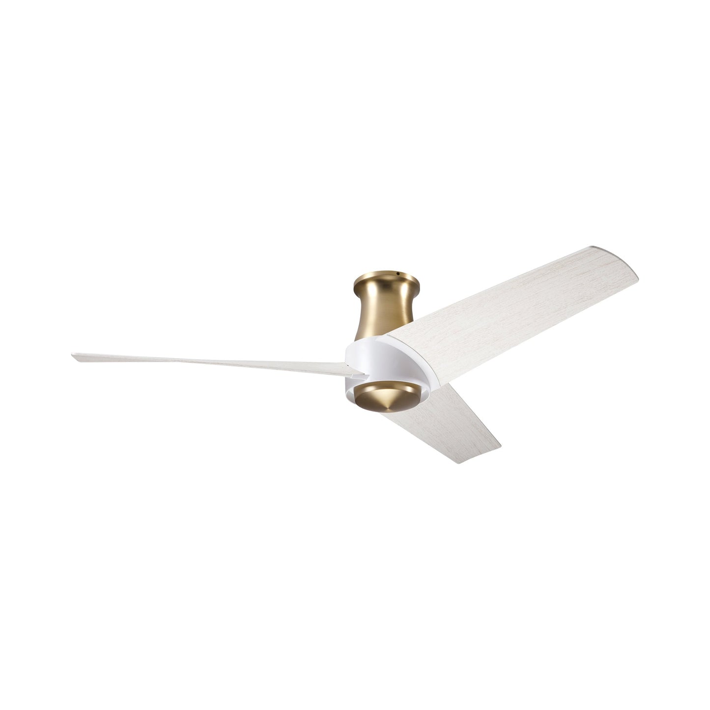 Ambit DC Flush Mount Ceiling Fan in Satin Brass/Matte White (Whitewash Blade).
