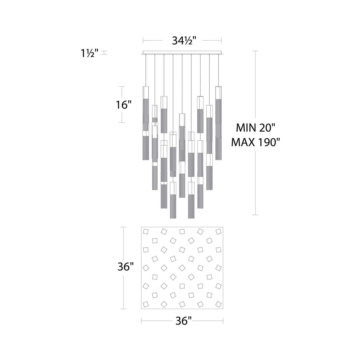 Cinema Square LED Multi Light Pendant Light - line drawing.