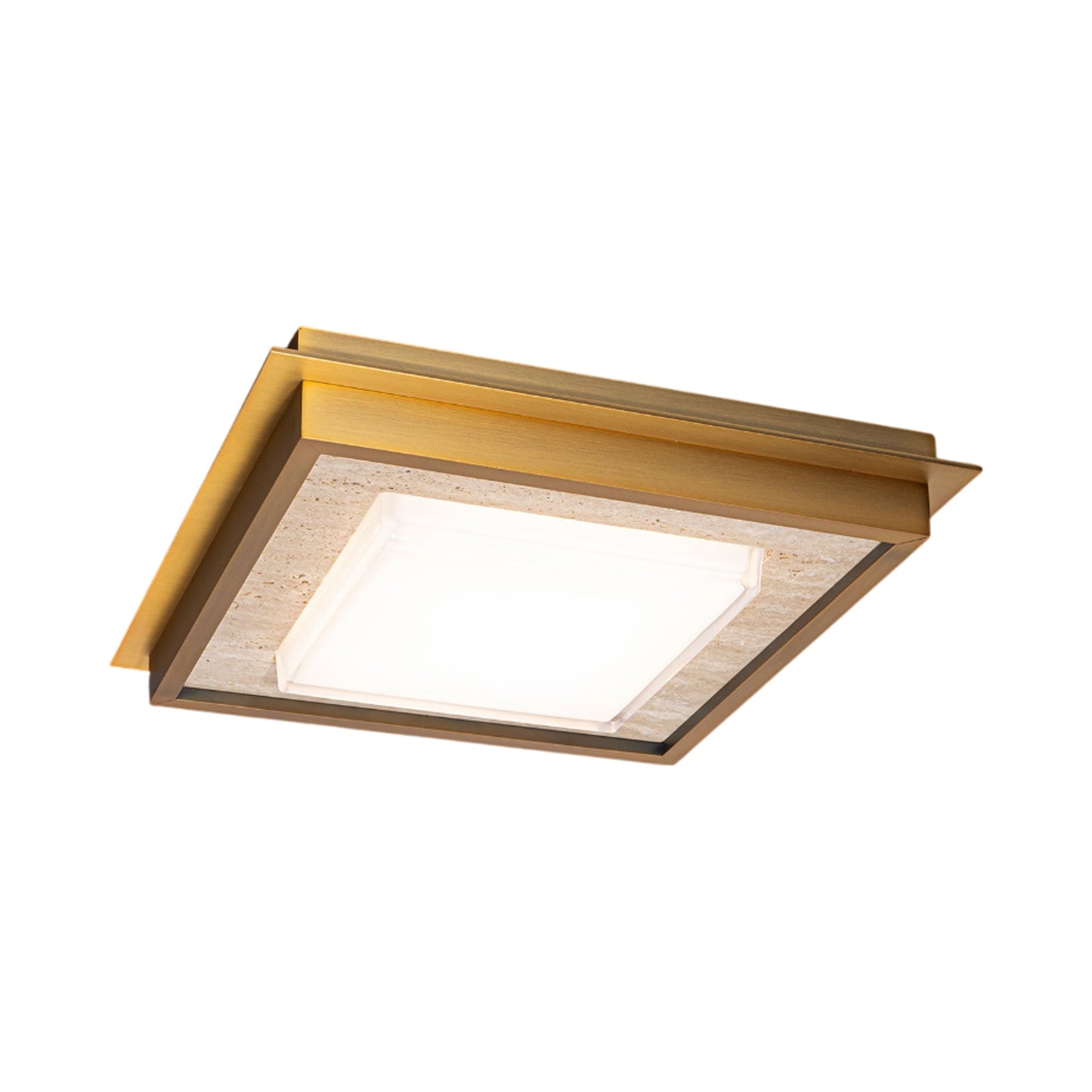 Grandstand LED Flush Mount Ceiling Light in Beige Travertine/Aged Brass.