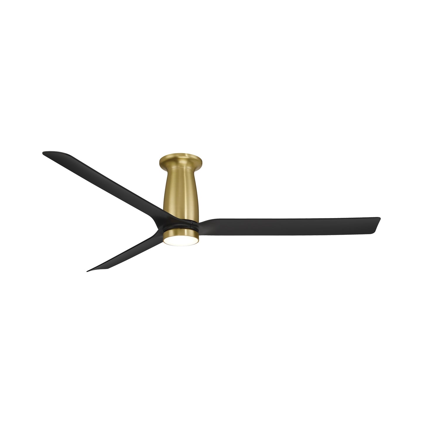 Smooth LED Flush Mount Ceiling Fan in Soft Brass/Matte Black.