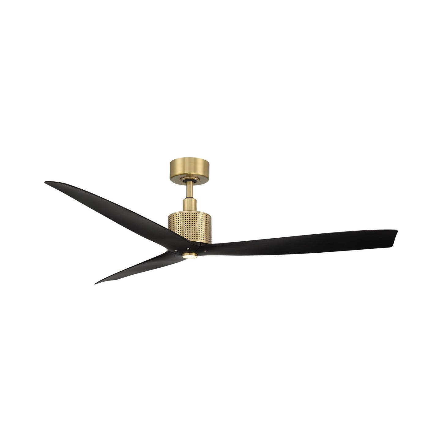 Spinster Outdoor LED Ceiling Fan in Soft Brass/Matte Back.
