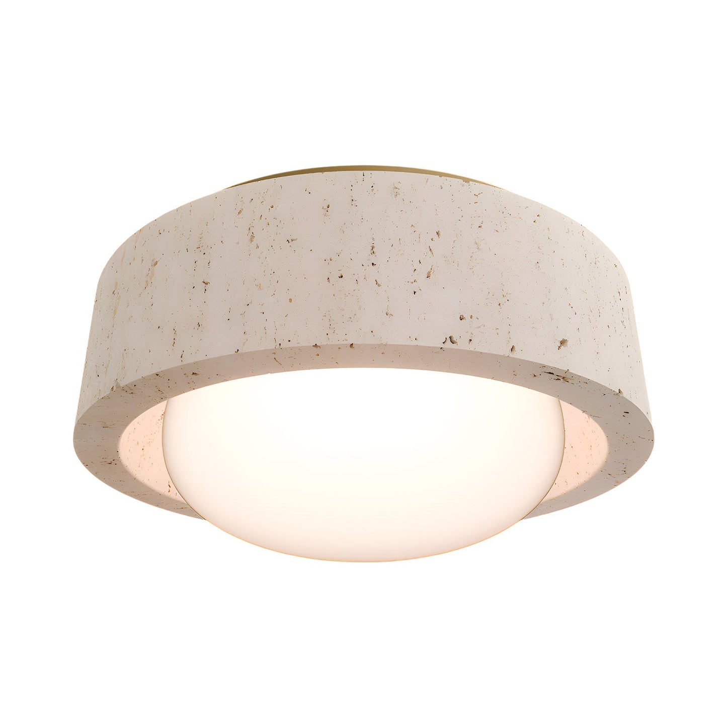 Tane LED Flush Mount Ceiling Light in Beige Travertine/Aged Brass.
