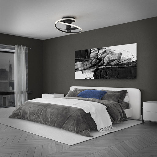Veloce Outdoor LED Flush Mount Ceiling Fan in bedroom.