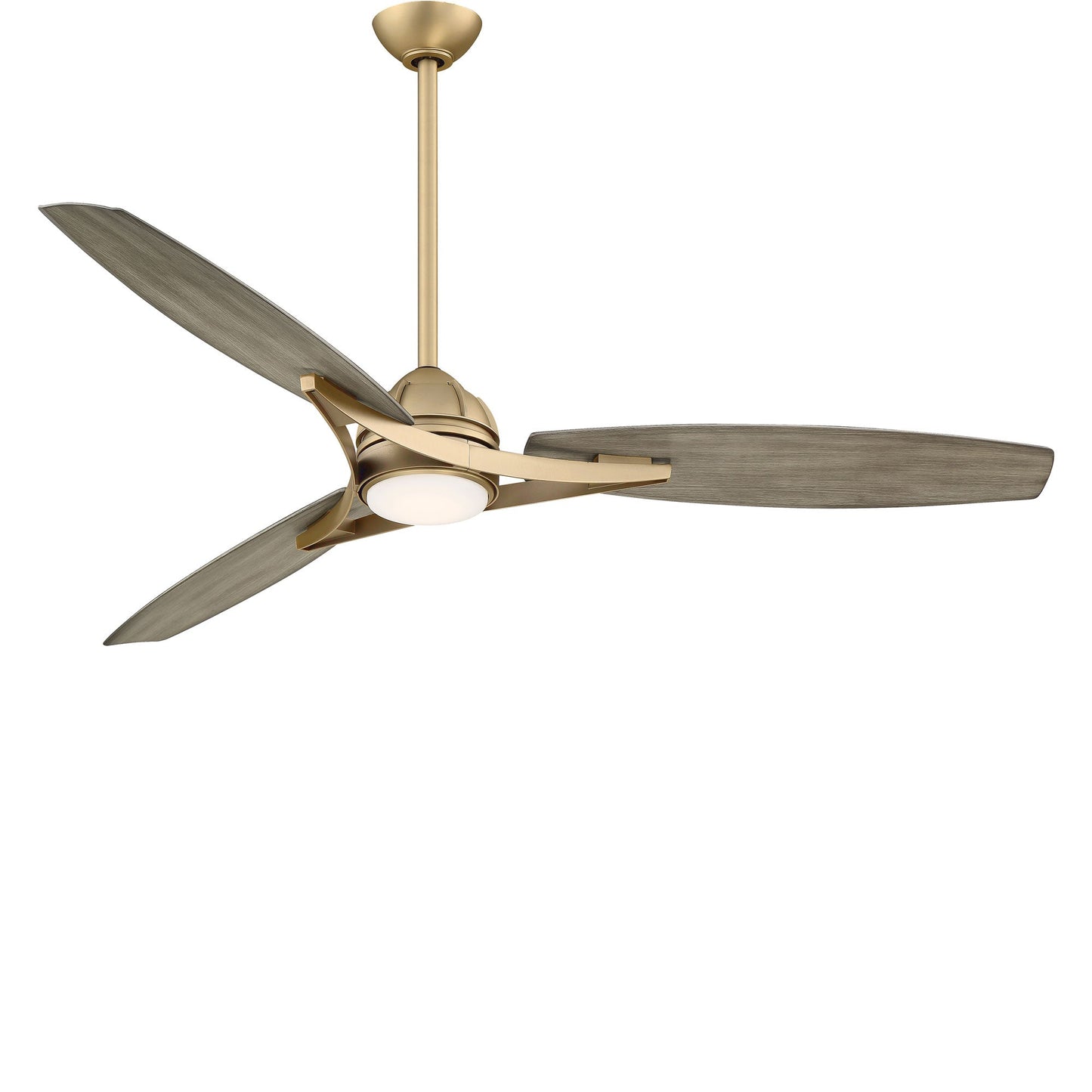 Molino LED Outdoor Ceiling Fan in Soft Brass/Seashore Grey.