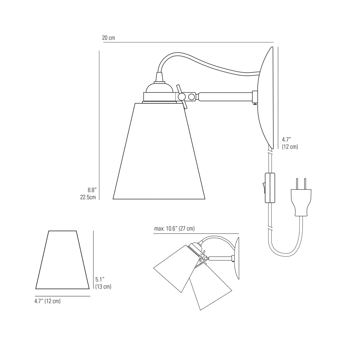 Hector Pleat Plug-In Wall Light - line drawing.