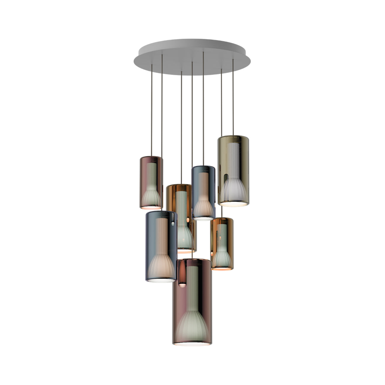 Lit Multi-Light Pendant Light in Gold/Blue/Violet (7-Light).