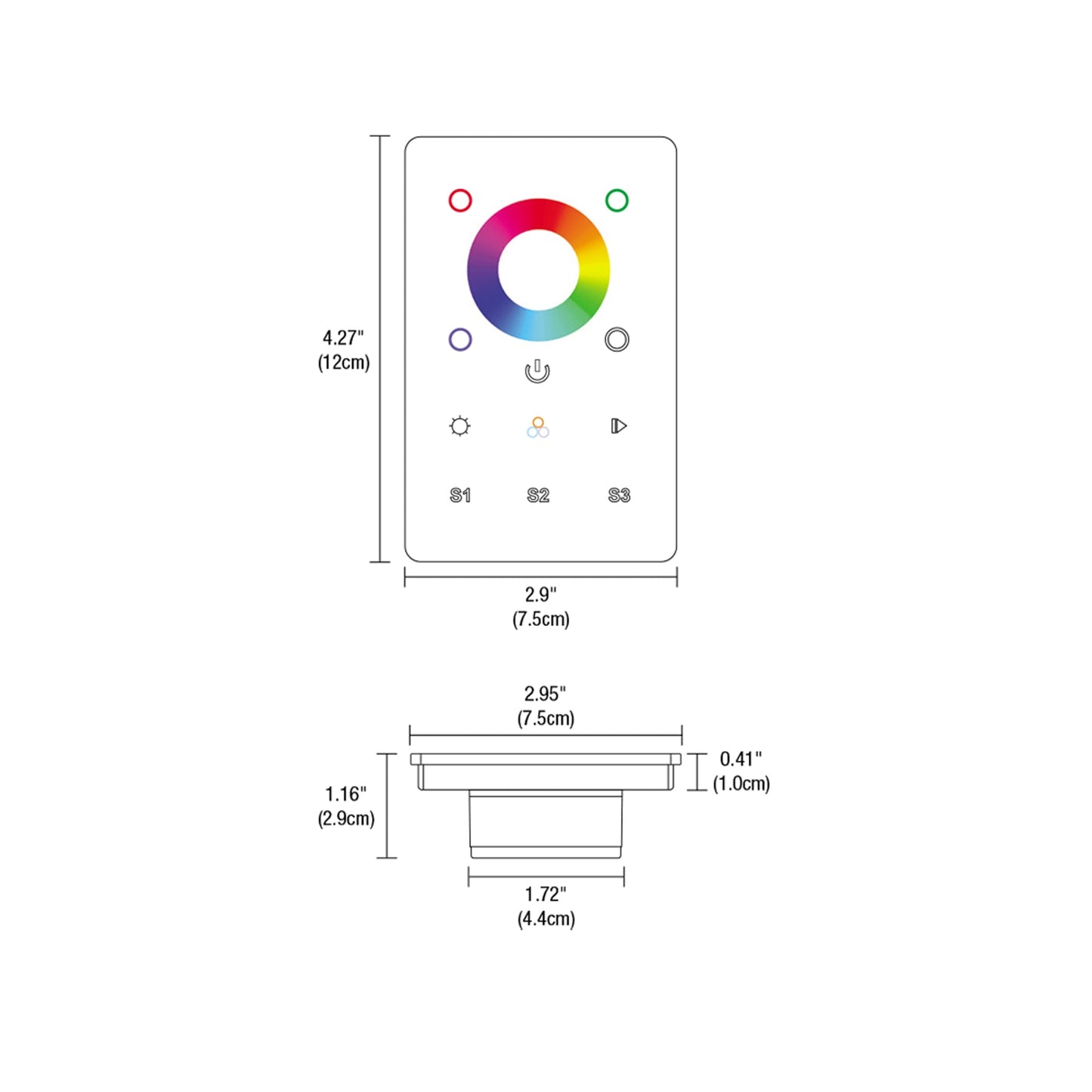 DMX Single Zone RGB and RGBW Touch Controller - line drawing.